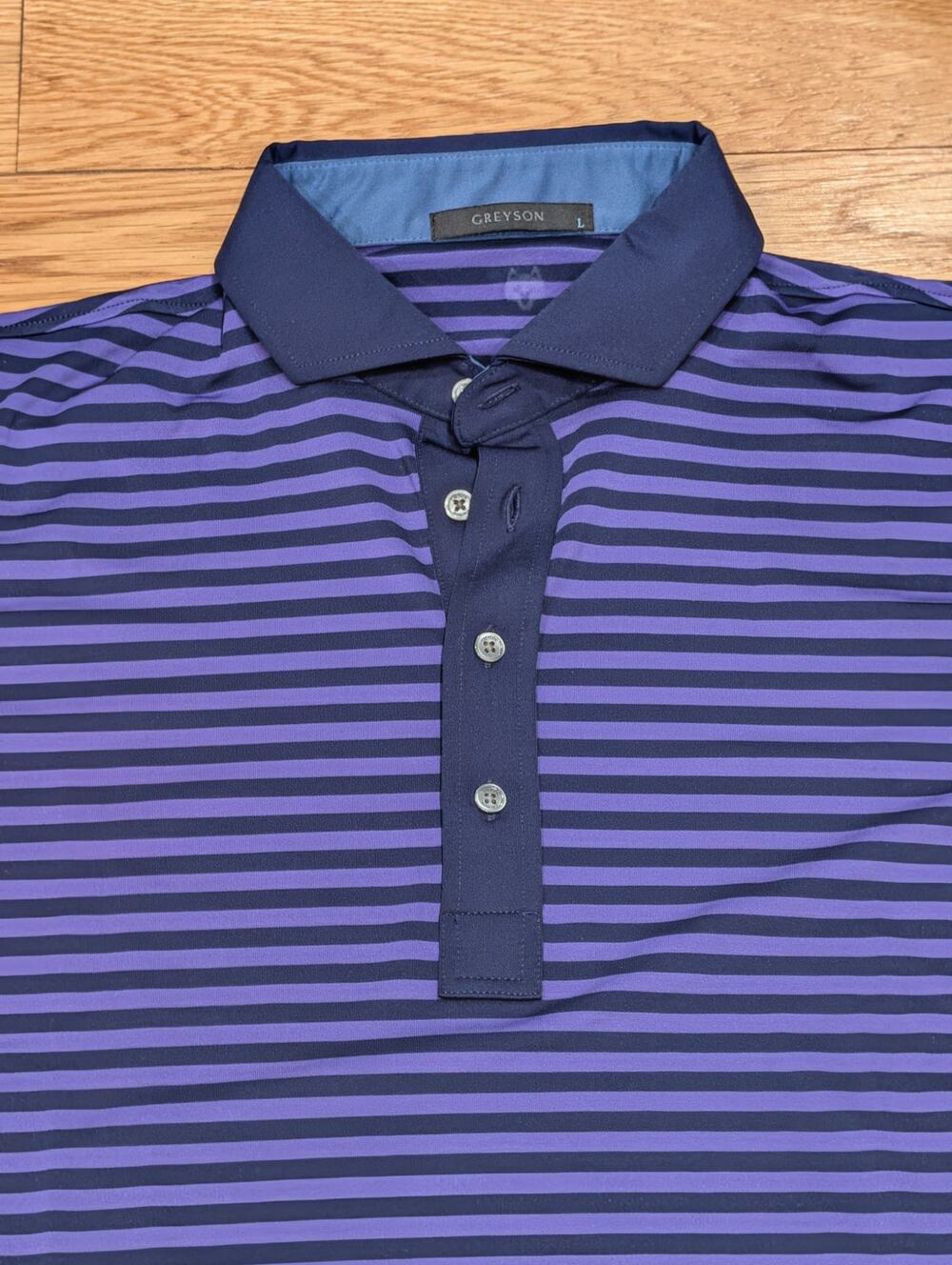 Greyson Men’s Large Purple Navy Striped Performance Golf Polo